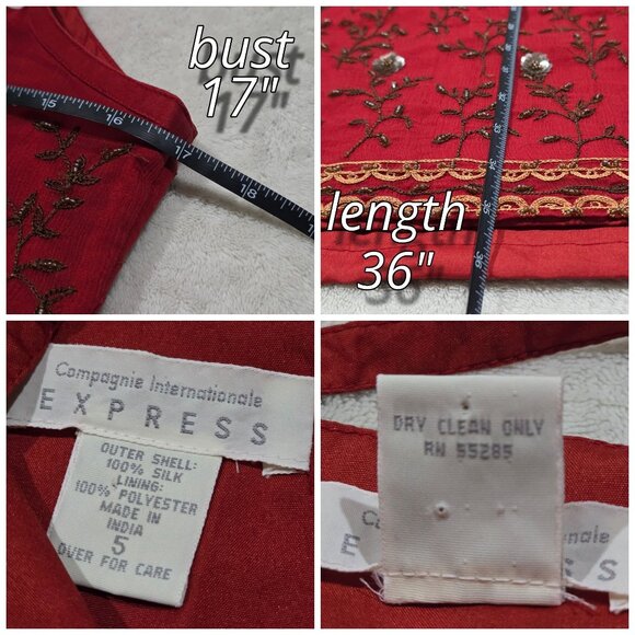 Vintage Express Red Embroidered Dress Small With Beaded Floral Boho Design 90's - Picture 16 of 16